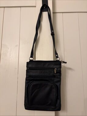 Classic  Leather Black Women's Messenger Bag with Front Pocket